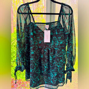 NWT Isabel Maternity L Corsetry woven blouse. Sheer shoulder & sleeve. Chiffon